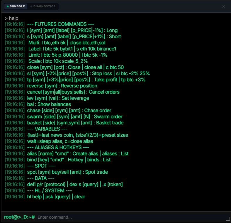 Console help output showing all commands
